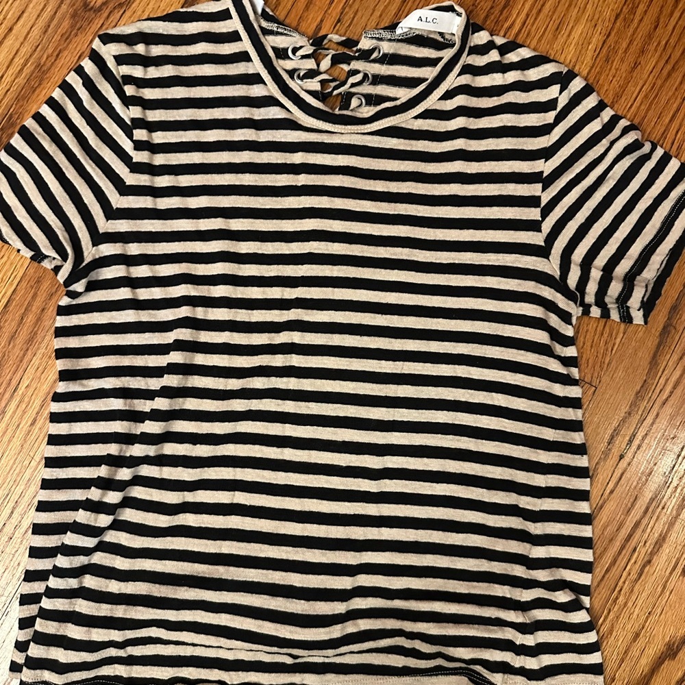 A.L.C. Black and Beige Striped Lace-Up Top